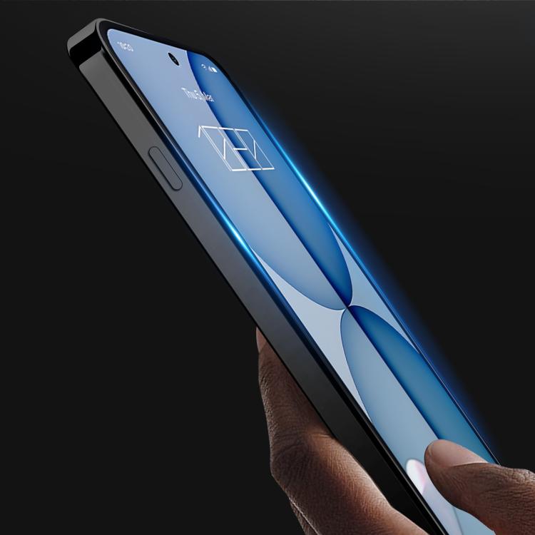 Tempered glass screen protector film, full-screen coverage on phone, angled view