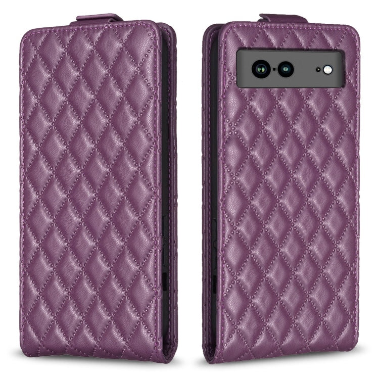 Diamond-lattice flip leather phone case in mauve purple, with camera cutout