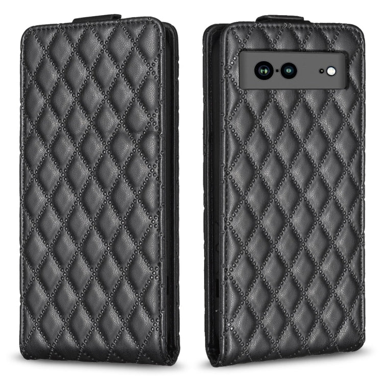 Diamond-lattice flip leather phone case in black, with raised camera opening