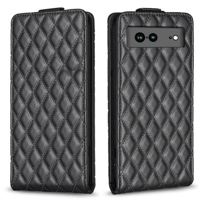 Diamond-lattice flip leather phone case in black, with raised camera opening