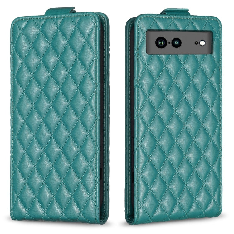 Diamond-lattice flip leather phone case in teal, showing front and back panels