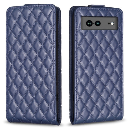 Blue leather flip phone case with diamond lattice texture and side camera cutout