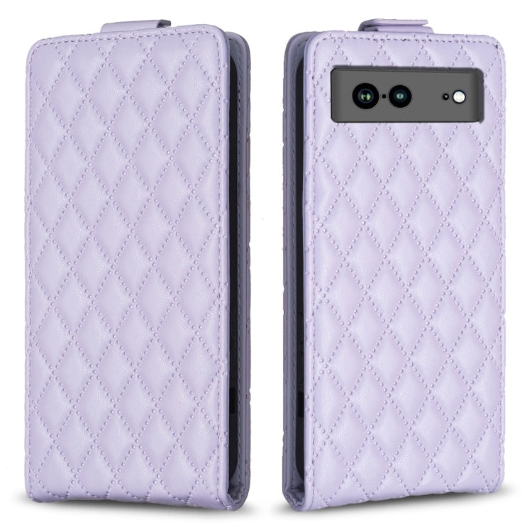 Light purple leather flip phone case with diamond lattice texture and camera cutout