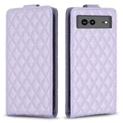 Light purple leather flip phone case with diamond lattice texture and camera cutout