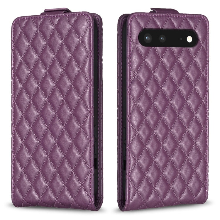 Dark purple leather flip phone case with diamond lattice texture and camera cutout