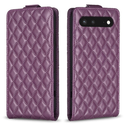 Dark purple leather flip phone case with diamond lattice texture and camera cutout