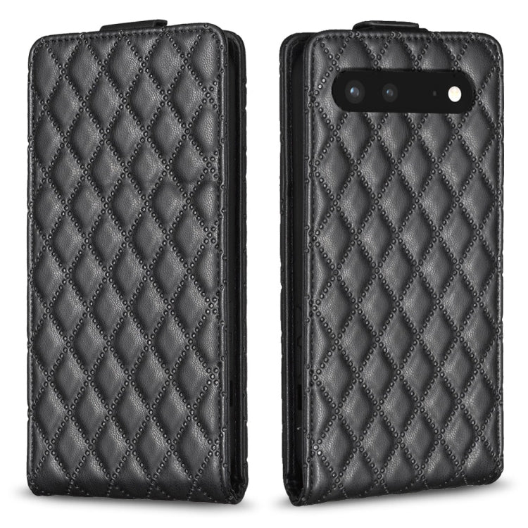 Dark leather vertical flip phone case with diamond lattice pattern and camera cutout