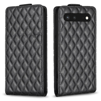 Dark leather vertical flip phone case with diamond lattice pattern and camera cutout