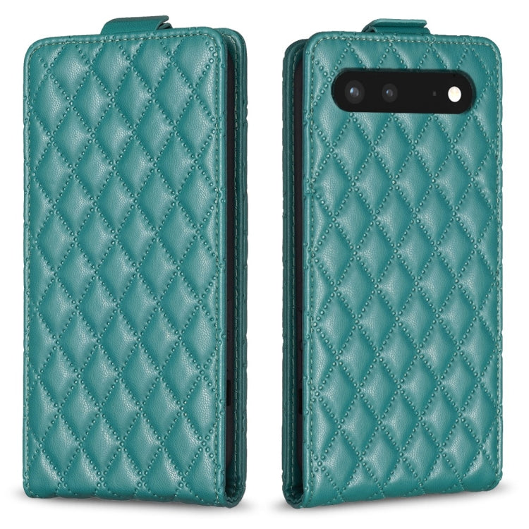 Teal leather vertical flip phone case with diamond lattice pattern and camera cutout