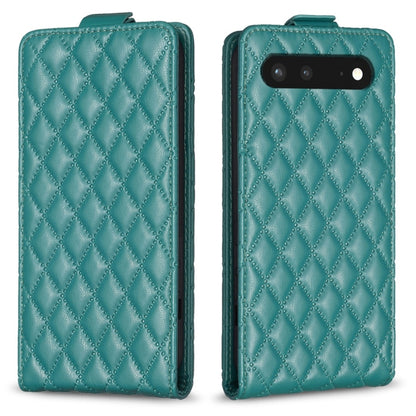 Teal leather vertical flip phone case with diamond lattice pattern and camera cutout