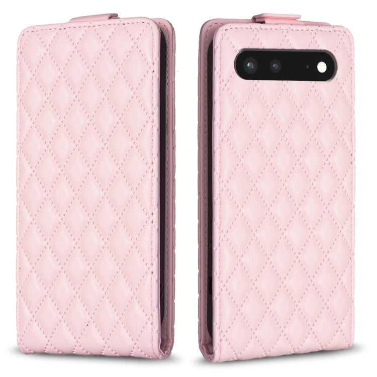 Pink leather vertical flip phone case with diamond lattice pattern and camera cutout