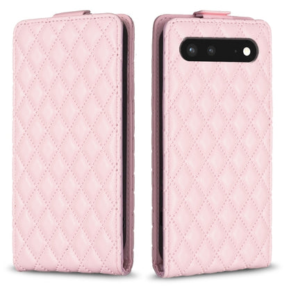 Pink leather vertical flip phone case with diamond lattice pattern and camera cutout