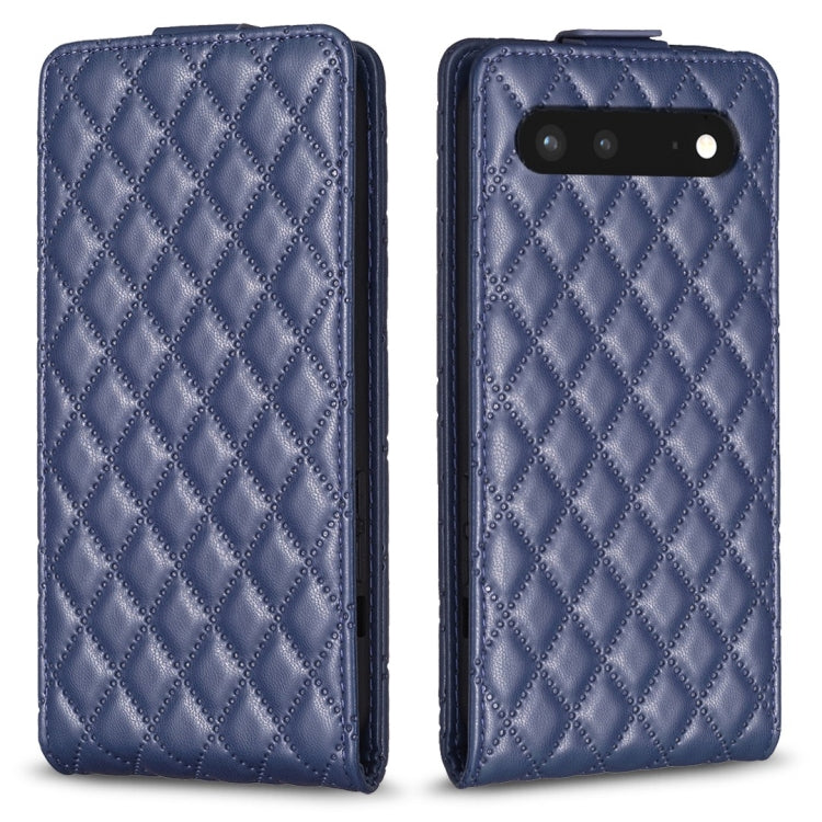 Blue leather vertical flip phone case with diamond lattice pattern and camera cutout