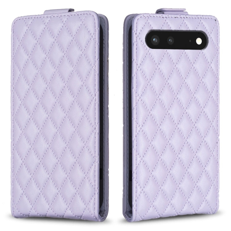 Light purple leather vertical flip phone case with diamond lattice pattern and camera cutout