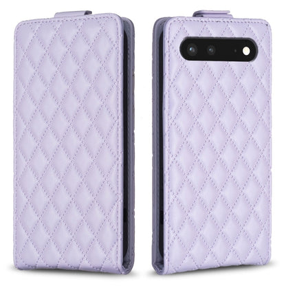 Light purple leather vertical flip phone case with diamond lattice pattern and camera cutout