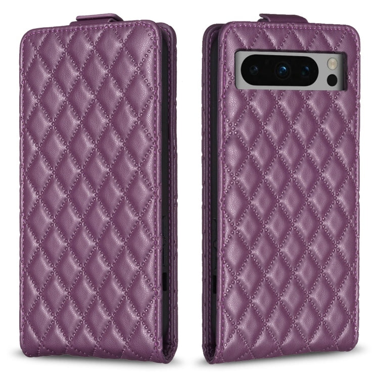 Dark purple diamond lattice leather flip phone case with textured chevron pattern