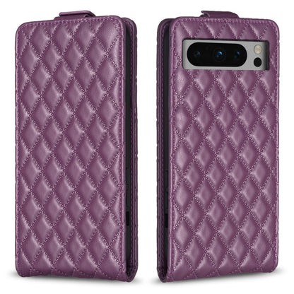 Dark purple diamond lattice leather flip phone case with textured chevron pattern