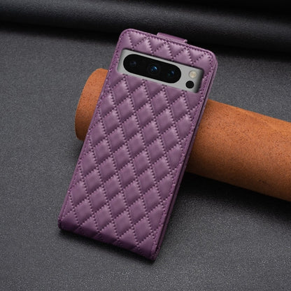 Purple diamond lattice leather flip phone case with camera cutout visible