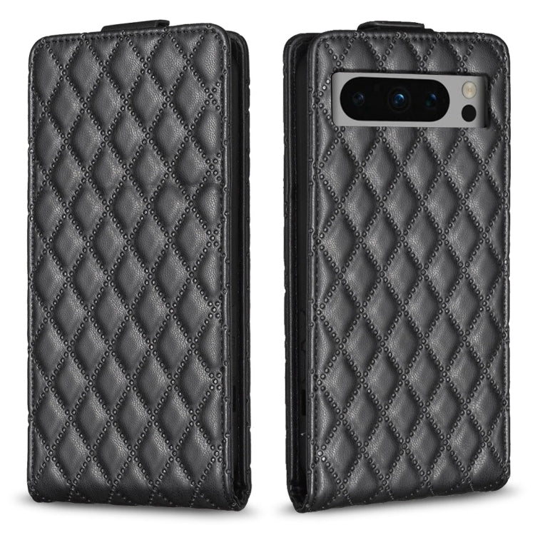 Black diamond lattice leather flip phone case with quilted chevron texture