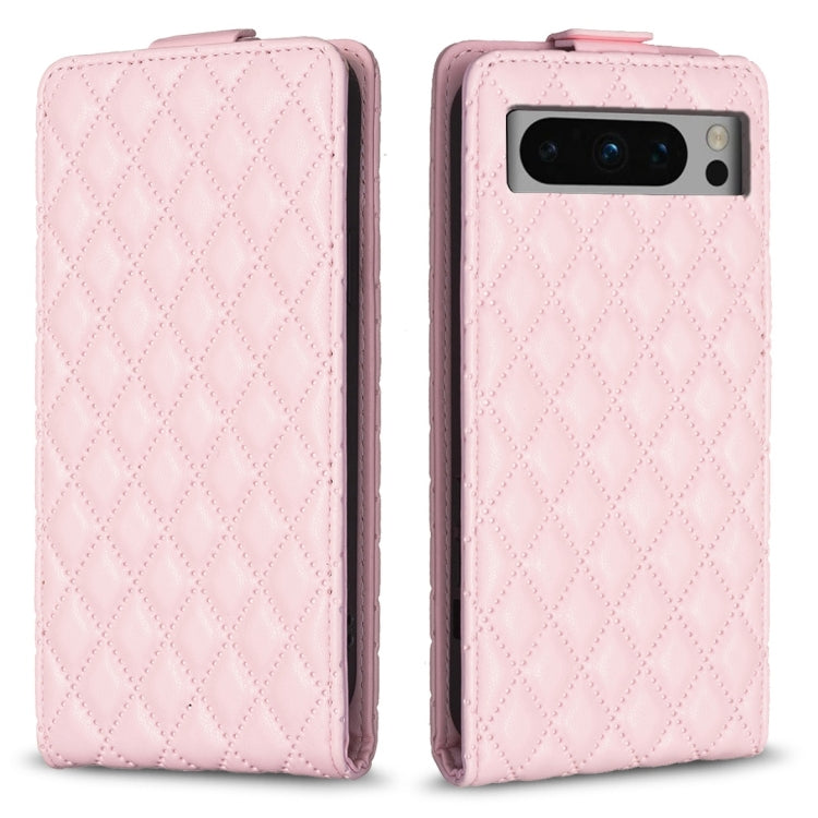 Pink diamond lattice leather flip phone case with quilted chevron texture