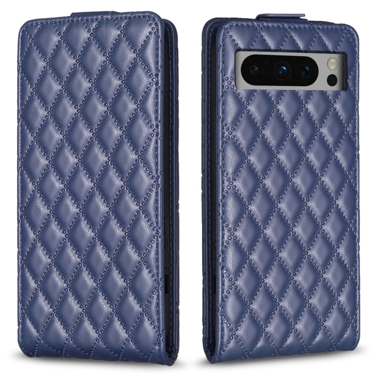 Blue diamond lattice leather flip phone case with quilted chevron texture