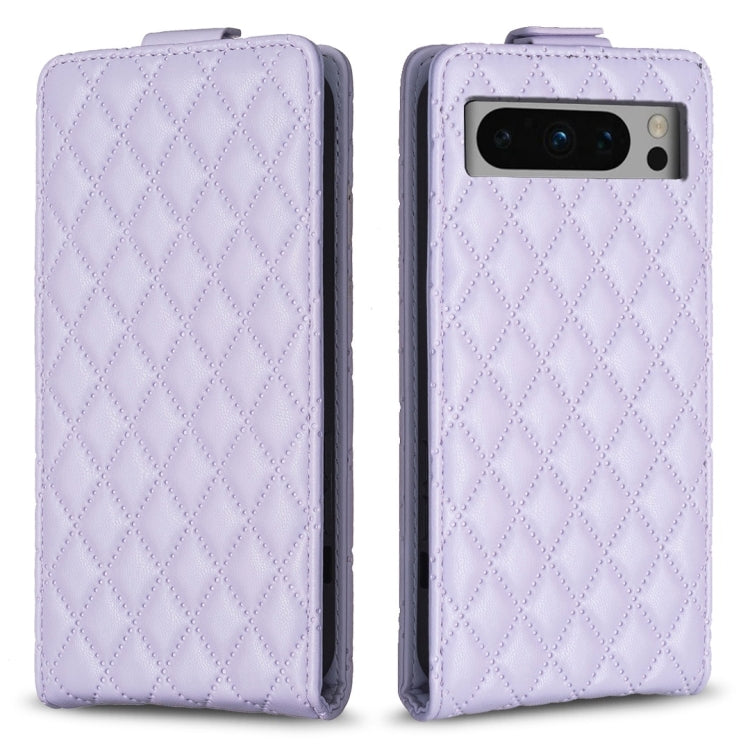Diamond-lattice flip leather phone case in light purple, with camera cutout