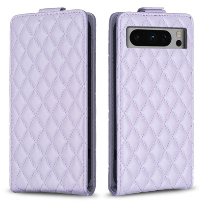 Diamond-lattice flip leather phone case in light purple, with camera cutout
