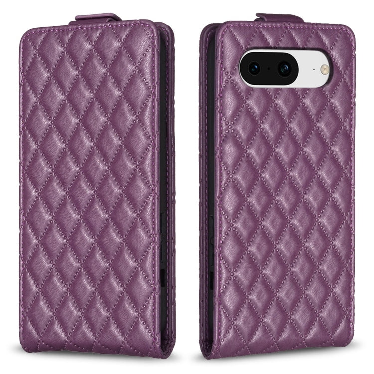 Diamond-lattice flip leather phone case in plum purple, with phone camera cutout