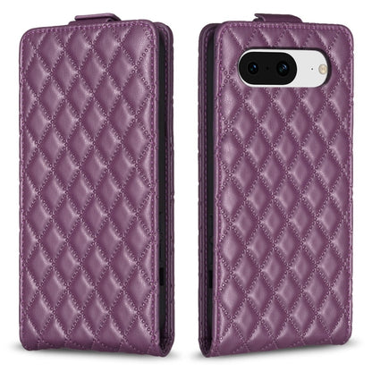 Diamond-lattice flip leather phone case in plum purple, with phone camera cutout