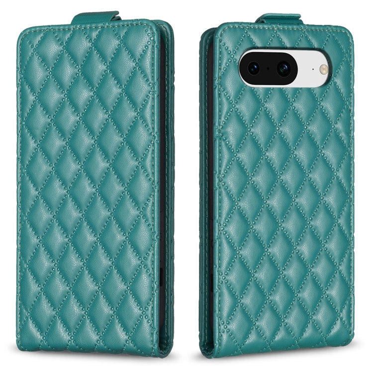 Diamond-lattice flip leather phone case in teal, with camera cutout
