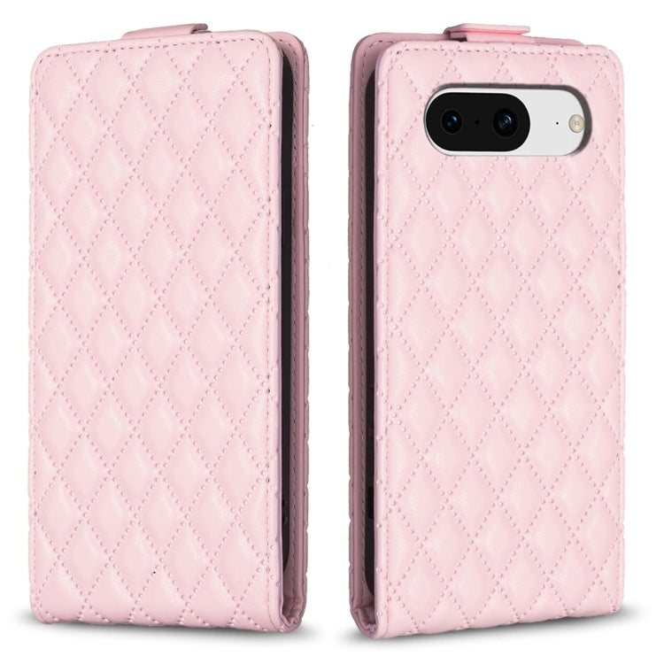 Diamond-lattice flip leather phone case in soft pink, with camera cutout