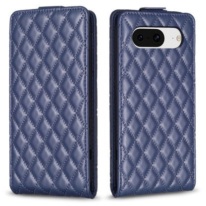Diamond-lattice flip leather phone case in navy blue, with camera cutout