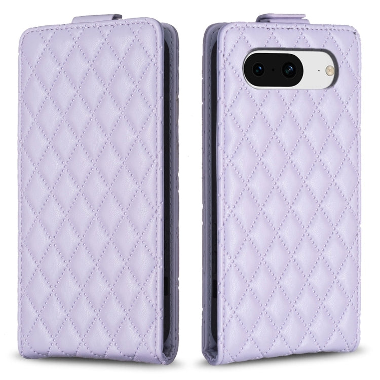 Diamond-lattice flip leather phone case in light lavender purple, with camera cutout