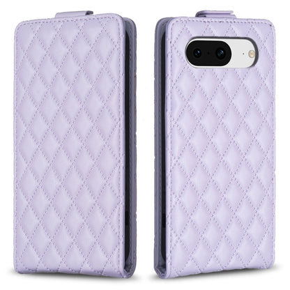 Diamond-lattice flip leather phone case in light lavender purple, with camera cutout