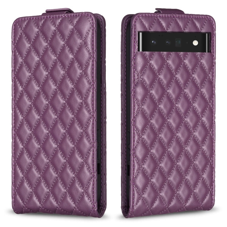 Purple leather flip phone case with diamond lattice texture and camera cutout