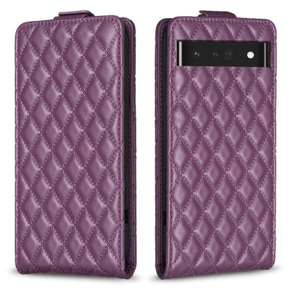 Purple leather flip phone case with diamond lattice texture and camera cutout