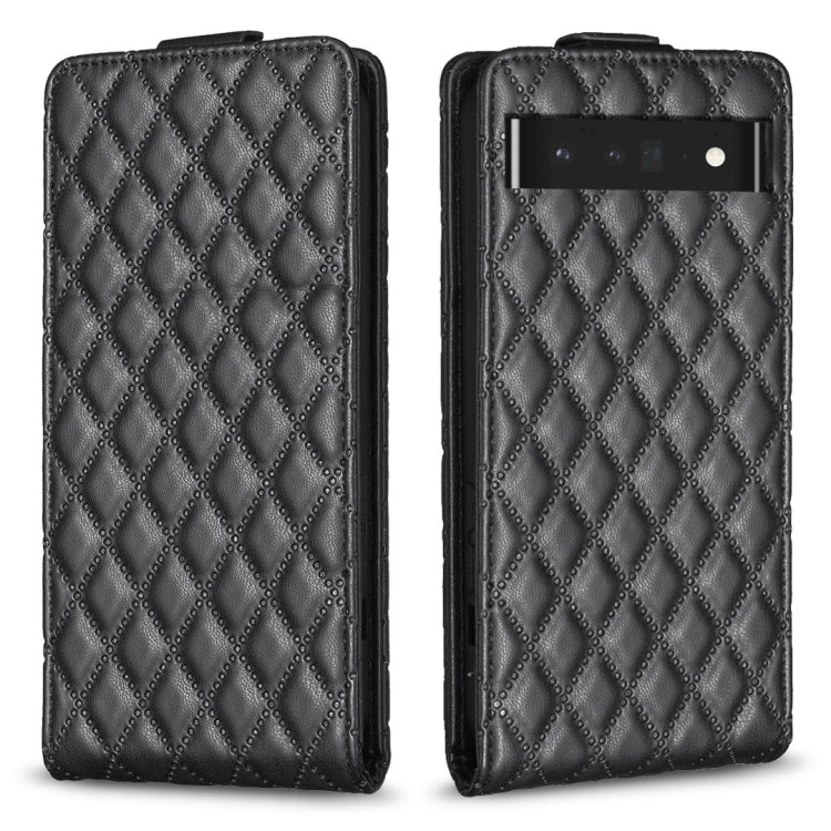 Black leather flip phone case with diamond lattice texture and camera cutout