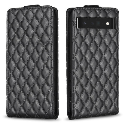 Black leather flip phone case with diamond lattice texture and camera cutout