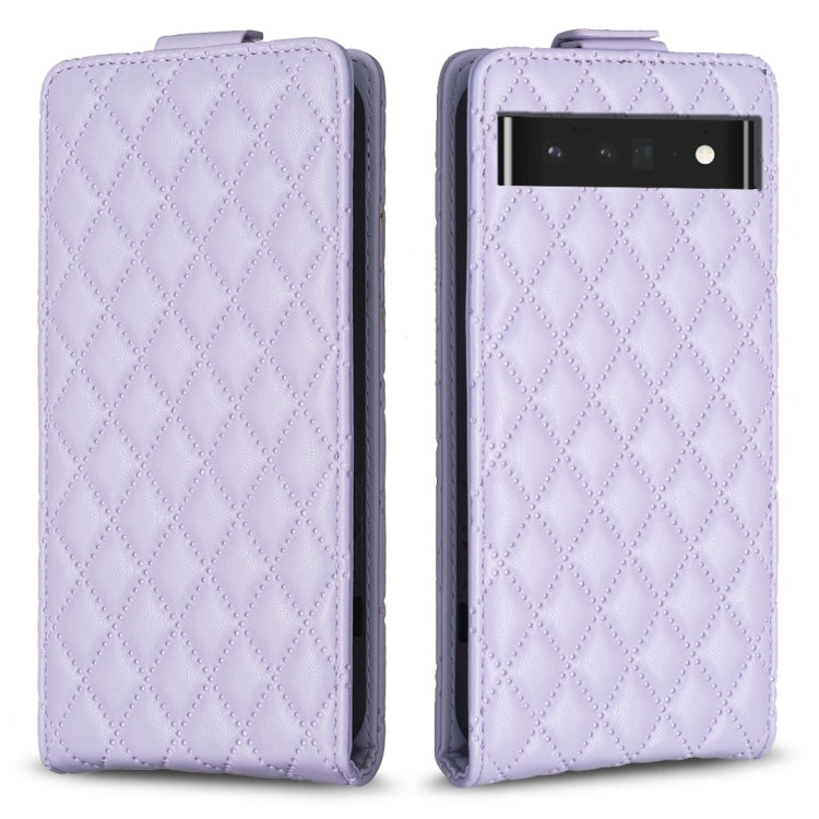 Light lavender leather flip phone case with diamond lattice texture and camera cutout