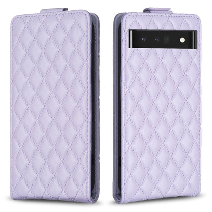 Light lavender leather flip phone case with diamond lattice texture and camera cutout