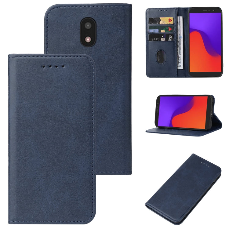 Leather phone case with magnetic closure, dark blue with card slots and camera cutout