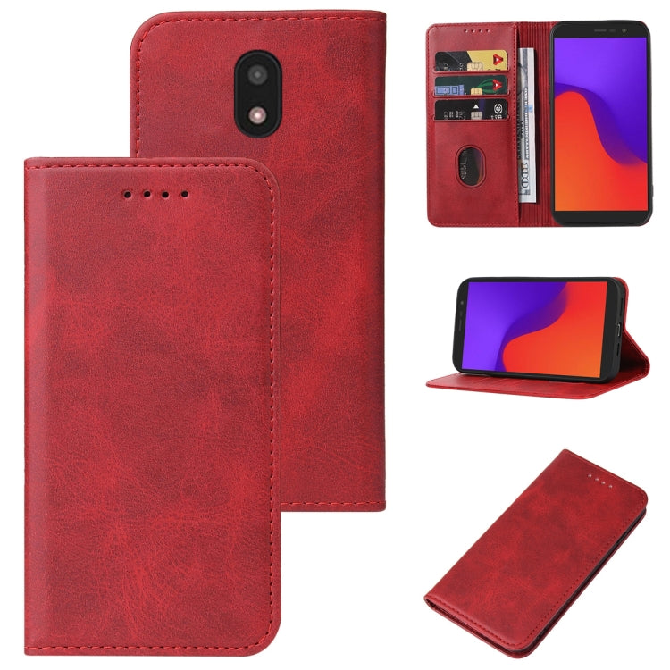 Leather phone case with magnetic closure, red with card slots and camera cutout