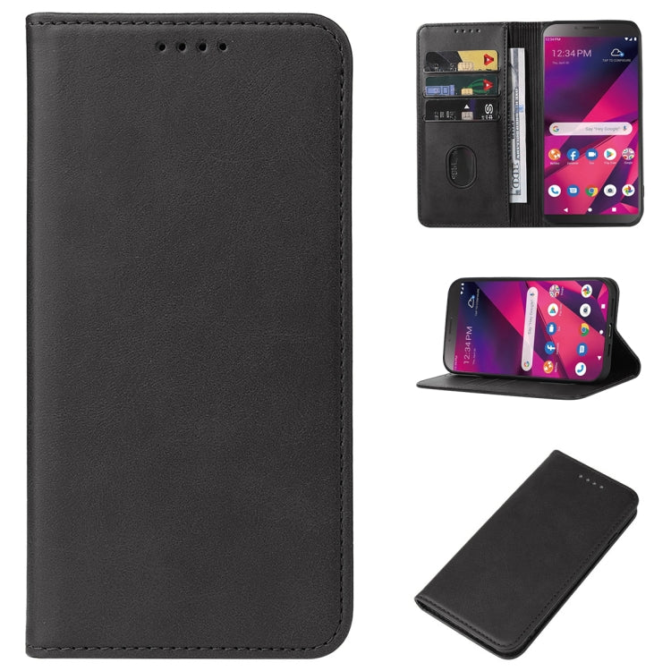 Black leather phone case with magnetic closure and flip cover for screen protection