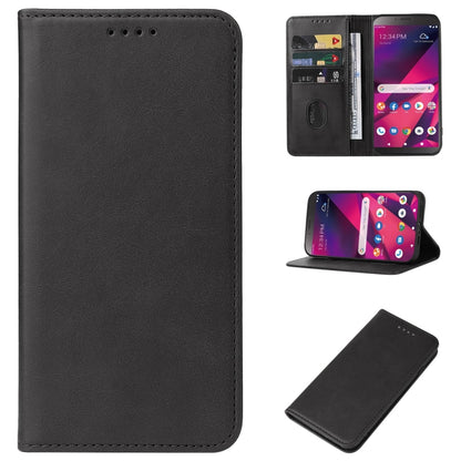 Black leather phone case with magnetic closure and flip cover for screen protection