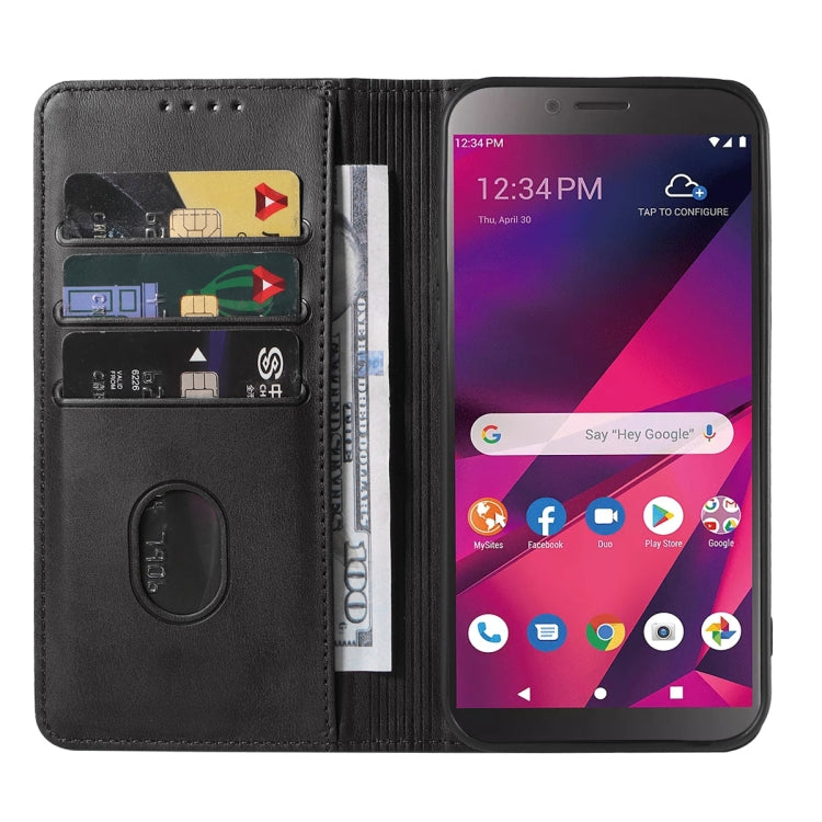 Black magnetic leather phone case with card slots and flip cover, shown open