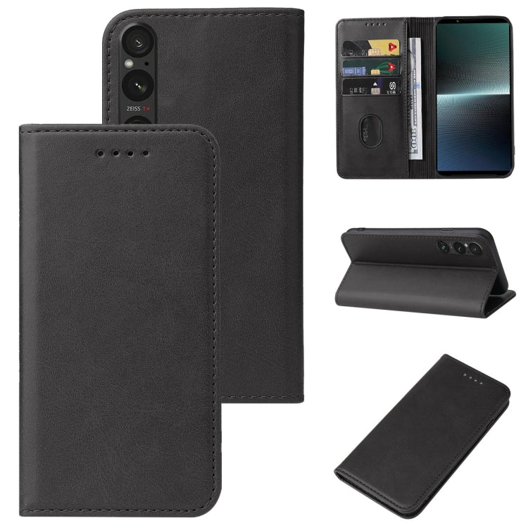 Black leather magnetic phone case with folio cover and card slots, front view.