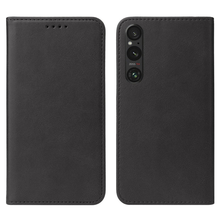 Black leather folio phone case with stitching, showing front and back panels.