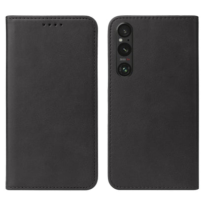 Black leather folio phone case with stitching, showing front and back panels.