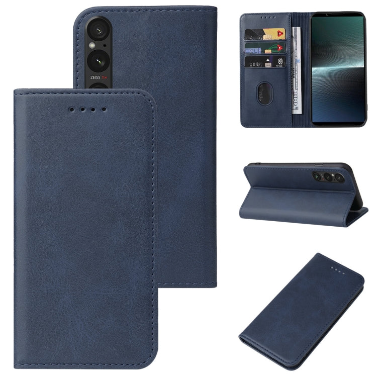 Blue leather magnetic folio phone case with card slots and kickstand fold.