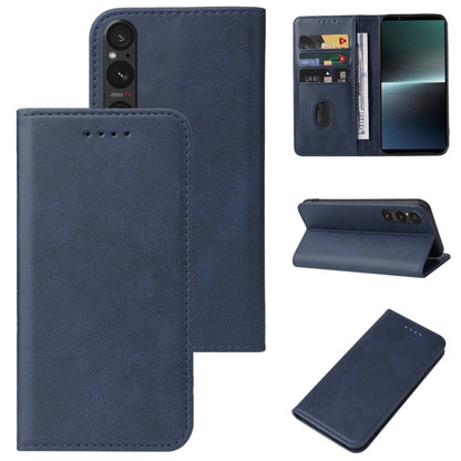 Blue leather magnetic folio phone case with card slots and kickstand fold.